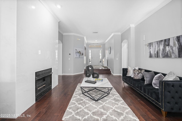 living room with crown molding, a fireplace, dark hardwood / wood-style floors, and heating unit