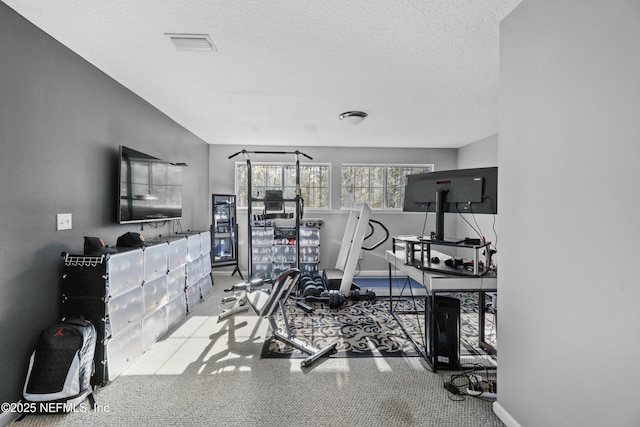 workout room featuring light carpet and a textured ceiling