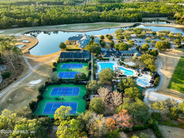 birds eye view of property featuring a water view