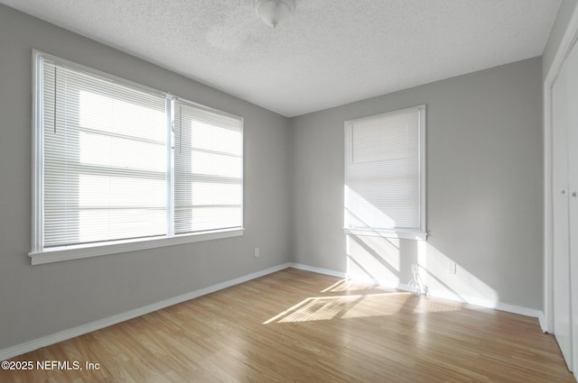 spare room featuring a textured ceiling, light wood-type flooring, and a wealth of natural light