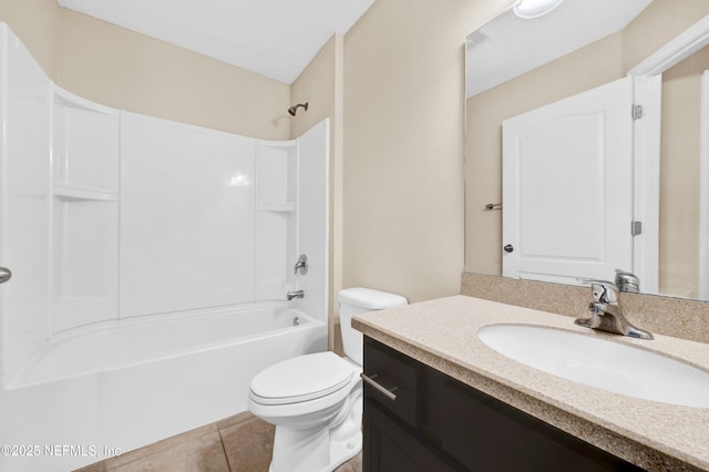 full bathroom with tub / shower combination, toilet, vanity, and tile patterned flooring