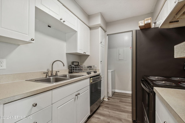 kitchen with sink, dishwasher, black electric range, and white cabinetry