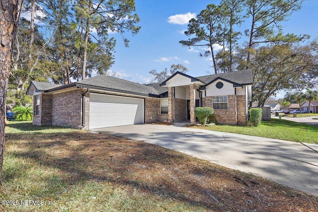 ranch-style home with a garage and a front yard