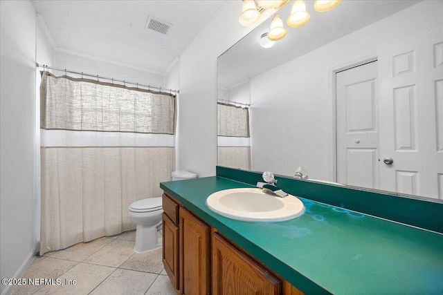 bathroom featuring tile patterned flooring, vanity, toilet, and a shower with shower curtain