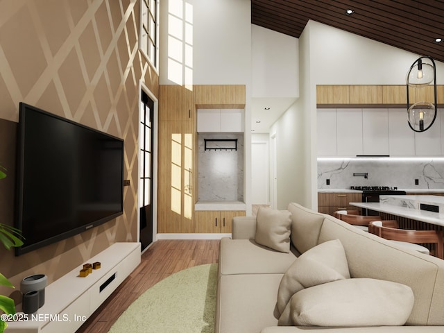 living room featuring high vaulted ceiling, wood ceiling, and dark hardwood / wood-style floors