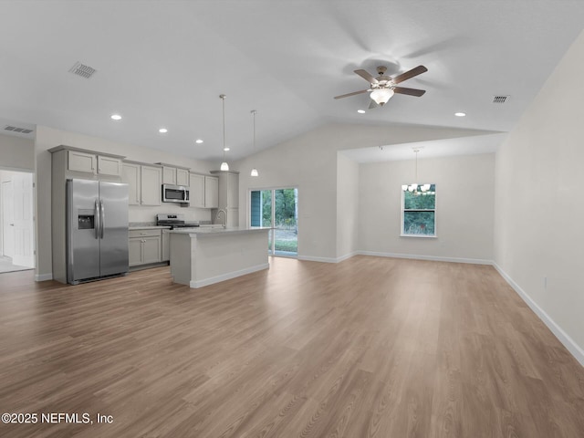 kitchen featuring ceiling fan, pendant lighting, a center island with sink, appliances with stainless steel finishes, and gray cabinetry