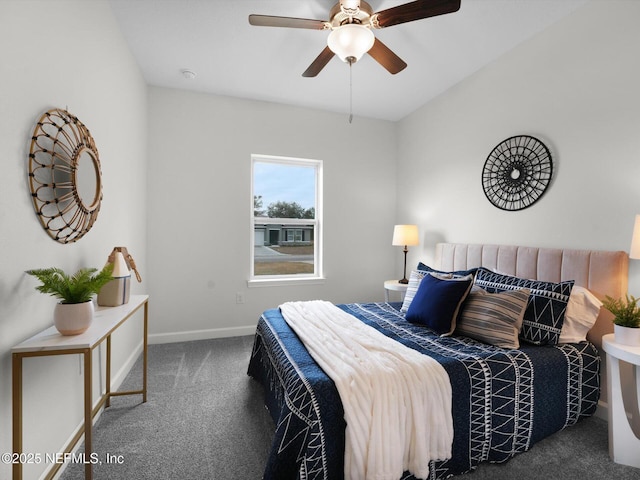 bedroom with ceiling fan and carpet