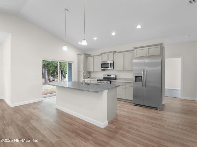 kitchen with pendant lighting, sink, an island with sink, gray cabinetry, and stainless steel appliances