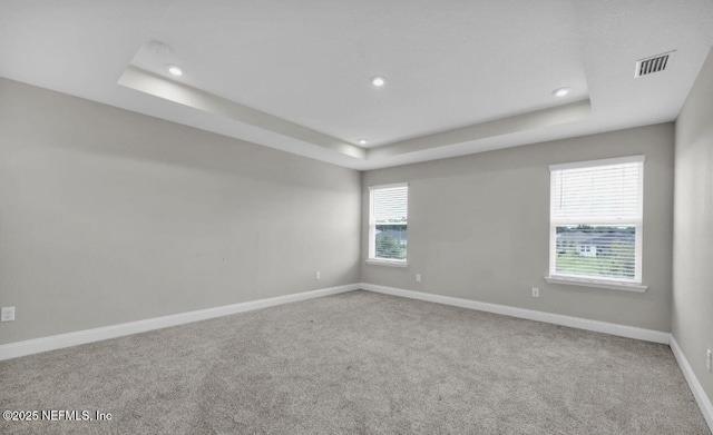 carpeted spare room with a raised ceiling