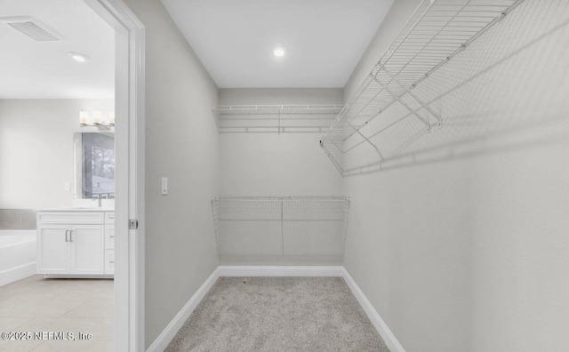 walk in closet with light colored carpet