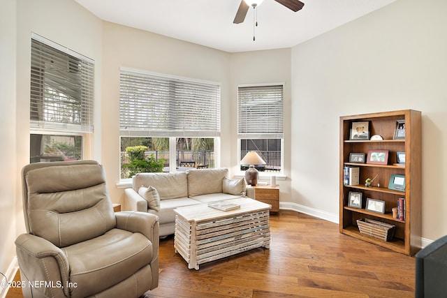 living room featuring ceiling fan and wood-type flooring