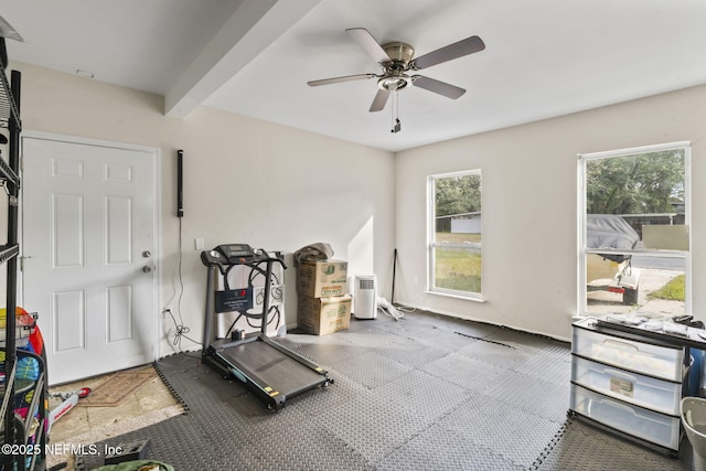 workout room with ceiling fan