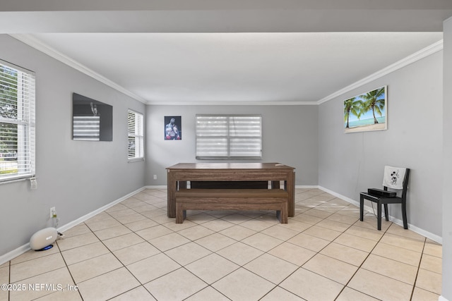 dining room with light tile patterned floors, ornamental molding, and a healthy amount of sunlight