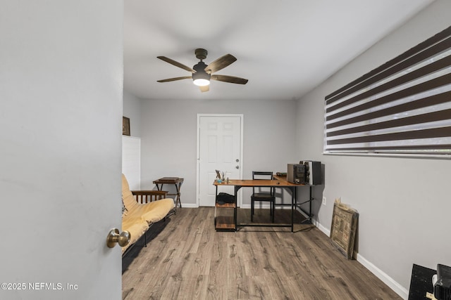 home office featuring ceiling fan and hardwood / wood-style flooring