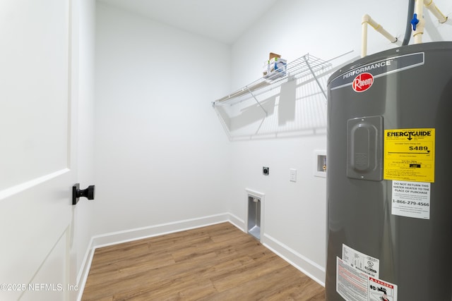 washroom featuring hookup for a washing machine, wood-type flooring, electric dryer hookup, and water heater