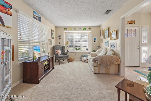 carpeted living room with a textured ceiling