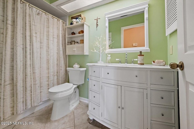 bathroom with toilet, tile patterned floors, and vanity