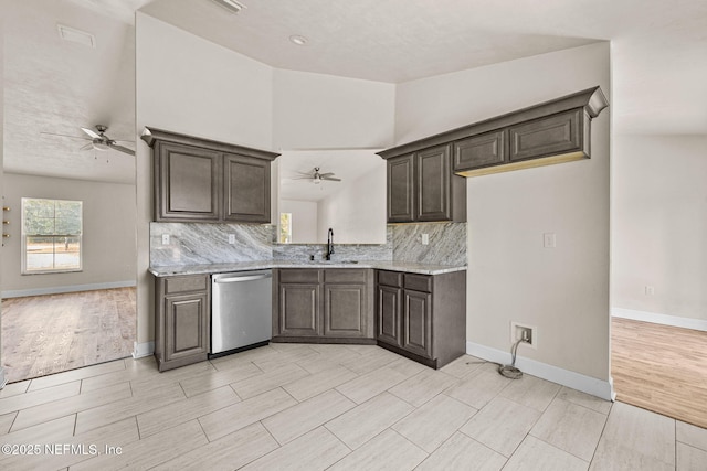 kitchen with sink, backsplash, stainless steel dishwasher, ceiling fan, and dark brown cabinets