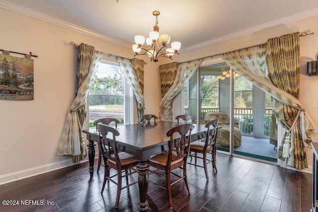 dining room featuring a notable chandelier, crown molding, and dark wood-type flooring