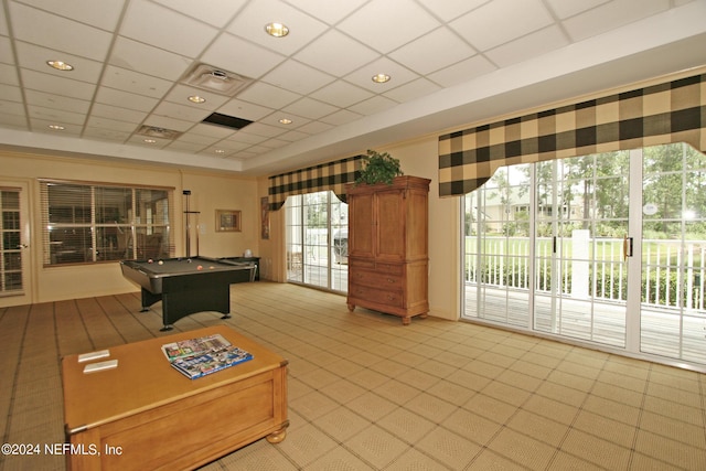 recreation room featuring a paneled ceiling and billiards