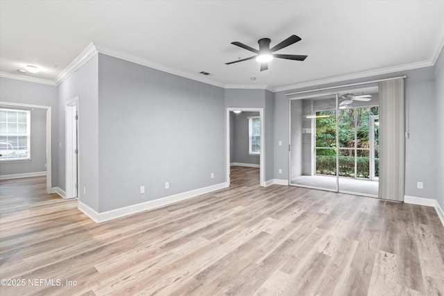 spare room with light wood-type flooring, ceiling fan, and ornamental molding