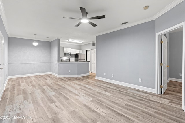 unfurnished living room with ceiling fan, light wood-type flooring, and crown molding