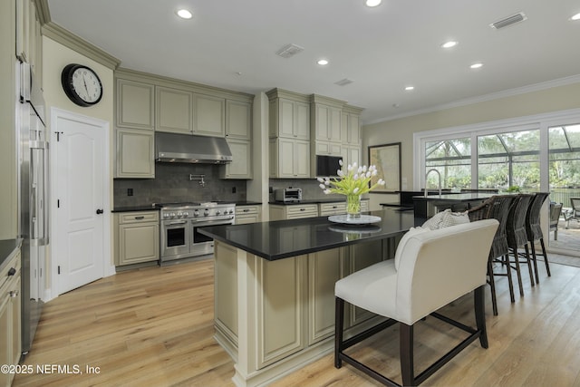 kitchen featuring cream cabinets, light hardwood / wood-style flooring, and double oven range