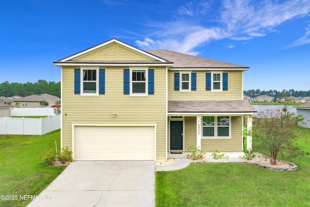 view of front of property featuring a front yard and a garage