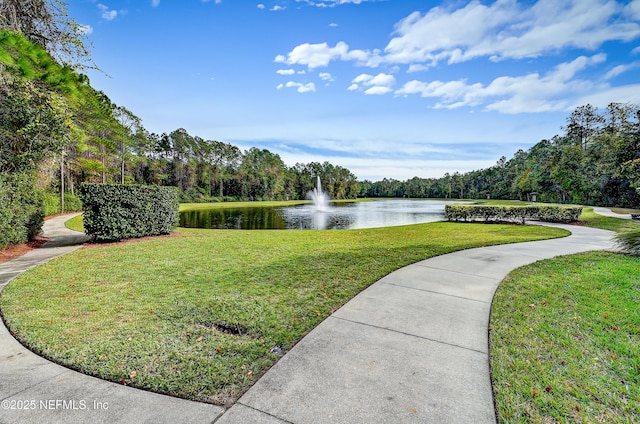 view of property's community featuring a water view and a lawn