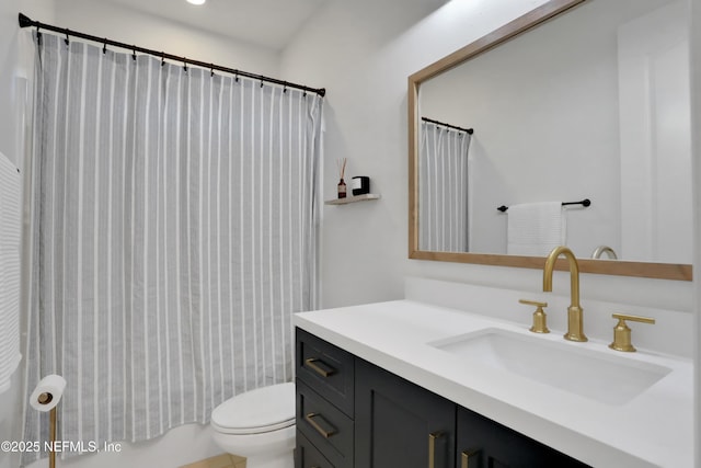 full bathroom with toilet, vanity, and shower / bath combination with curtain