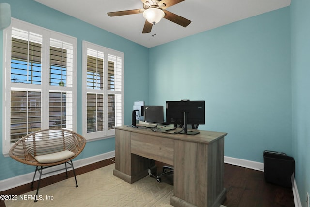 home office with ceiling fan and wood-type flooring