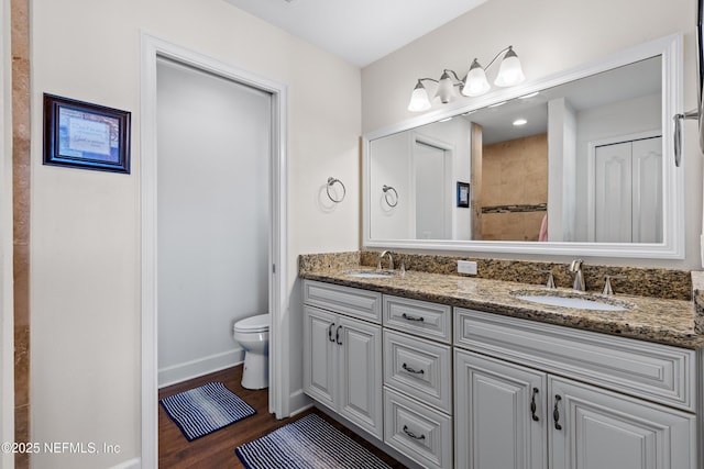 bathroom featuring toilet, vanity, and hardwood / wood-style flooring