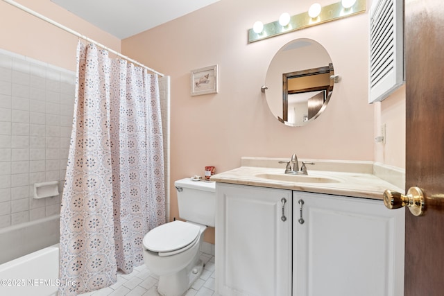 full bathroom with shower / bath combo with shower curtain, tile patterned floors, vanity, and toilet