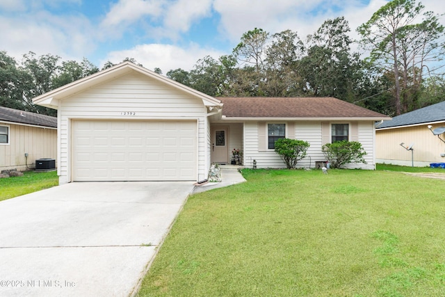 ranch-style house with central AC, a garage, and a front yard