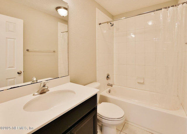 full bathroom featuring toilet, shower / tub combo, vanity, and tile patterned flooring