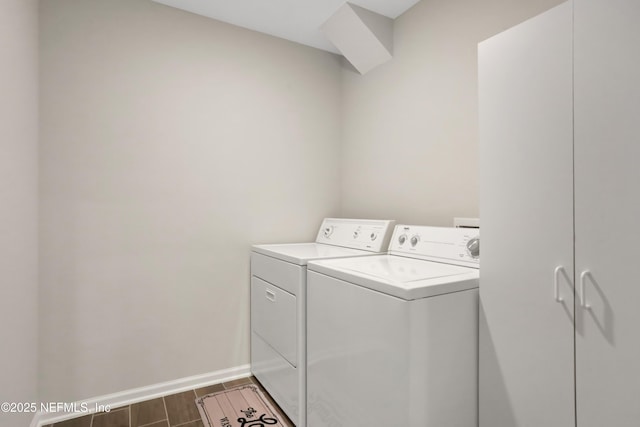 washroom featuring washing machine and dryer and cabinets