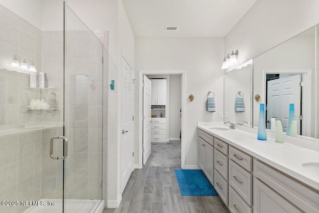 bathroom featuring vanity and a shower with door