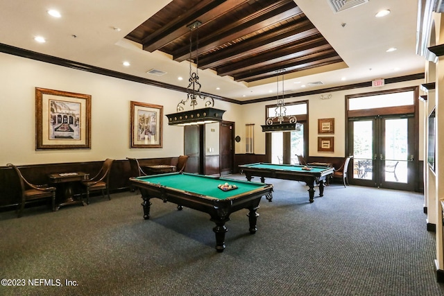 rec room featuring a tray ceiling, ornamental molding, french doors, billiards, and carpet flooring