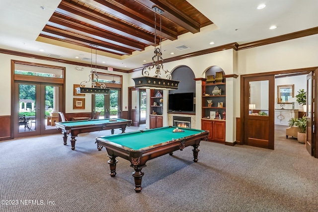 playroom with beamed ceiling, french doors, billiards, carpet flooring, and crown molding