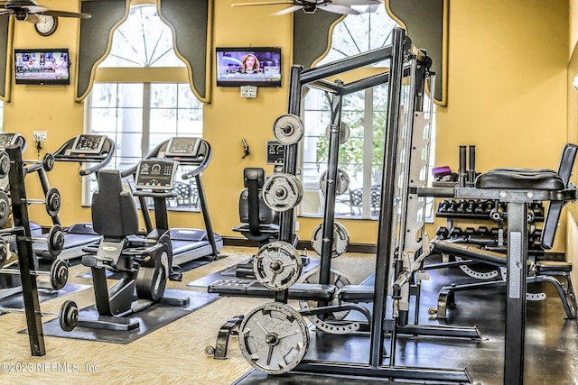 exercise room featuring ceiling fan