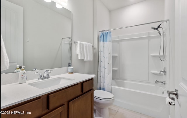 full bathroom with toilet, tile patterned flooring, shower / bath combination with curtain, and vanity