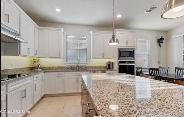 kitchen with hanging light fixtures, stainless steel appliances, plenty of natural light, white cabinets, and sink