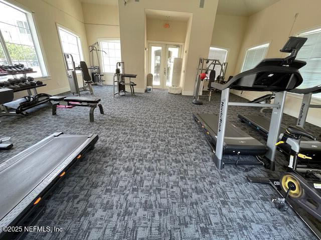 exercise room featuring french doors, a high ceiling, and dark colored carpet