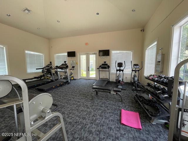 workout area featuring french doors and carpet