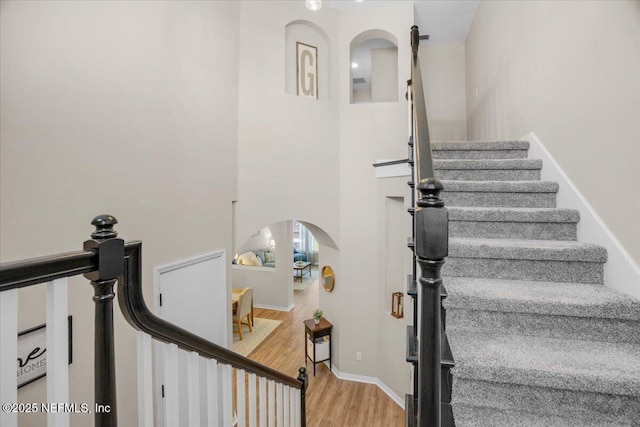 stairway with hardwood / wood-style floors