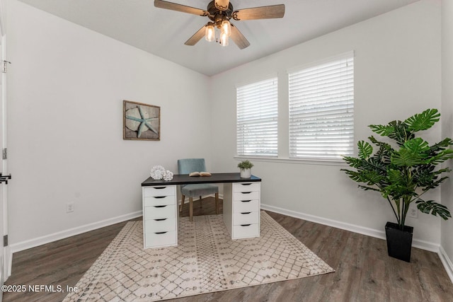 office area featuring ceiling fan and dark hardwood / wood-style floors