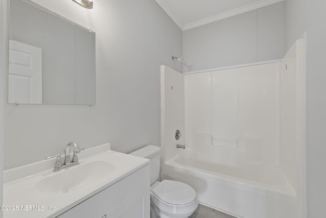 full bathroom with toilet, crown molding, vanity, and shower / bath combination