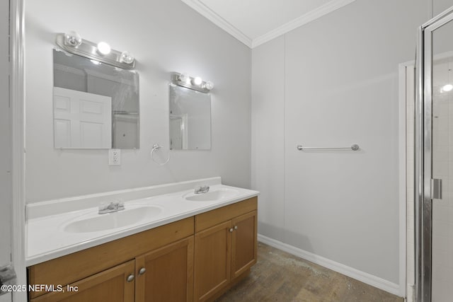 bathroom with hardwood / wood-style floors, a shower with door, vanity, and ornamental molding