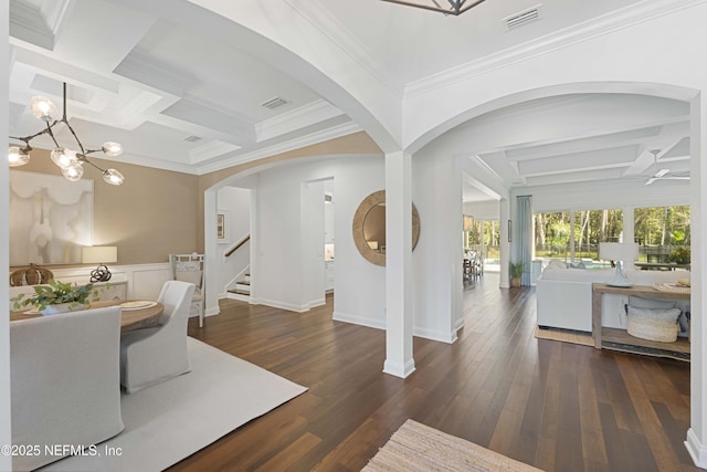 264 N Roscoe Blvd, Palm Valley, FL 32082 - foyer entrance with beamed ceiling, dark hardwood / wood-style flooring, coffered ceiling, and a chandelier
