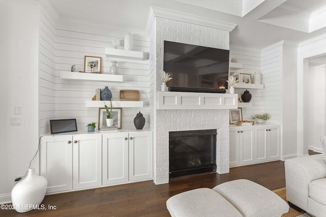 264 N Roscoe Blvd, Palm Valley, FL 32082 - living room with coffered ceiling, ornamental molding, dark hardwood / wood-style flooring, a brick fireplace, and beamed ceiling